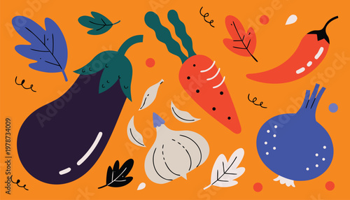 Fresh colorful vegetables including eggplant carrot chili garlic and onion vector illustration
