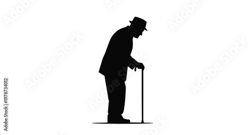 An elderly man with a cane depicted in a striking black silhouette