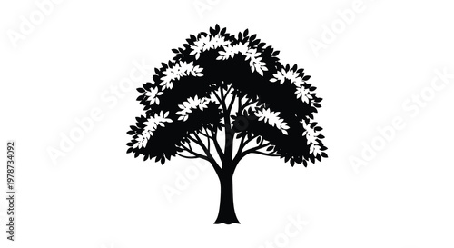 A detailed black silhouette of a blossoming tree with full foliage and intricate branches silhouette high quality professional