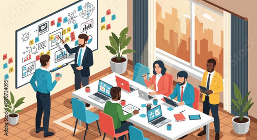 A group of professional business people and students sitting around an office table for a teamwork presentation featuring digital graphs and technology