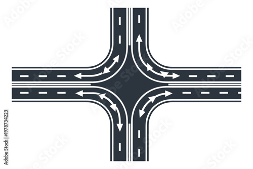Aerial view of crossroads intersection with traffic arrows indicating flow direction, urban infrastructure and traffic control