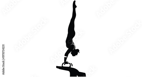 A graceful gymnast performs a handstand on parallel bars showcasing strength and balance depicted as a silhouette