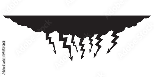 Dramatic thunderstorm cloud silhouette with multiple lightning strikes on white background symbolizing severe weather
