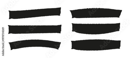 Vector set of hand drawn thick black marker strokes and wide highlighter lines. Textured ink banners and rough brush rectangular shapes for headings and emphasis.