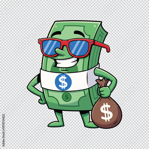 Cartoon cash character with sunglasses and money bag green