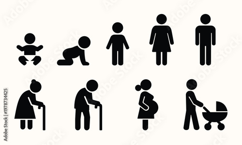 Human life stages silhouette icons collection from infancy to old age featuring pregnancy and parenting symbols for demographics and social statistics concept vector illustration isolated graphics.
