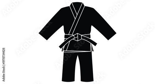 A stark black silhouette depicts a traditional judogi encompassing the jacket pants and belt silhouette high quality professional