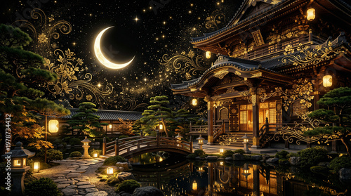 月夜に輝く和風建築と灯りの幻想的な風景｜日本の伝統美とナイトシーン