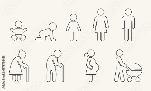 Life cycle outline icons set showing human stages from baby to elderly including pregnancy and parenting icons for family growth and aging process concept vector illustration on light background art.