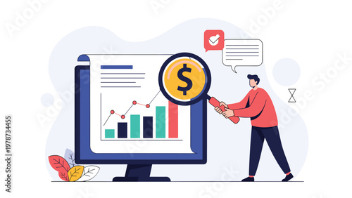 Professional man uses a magnifying glass to closely analyze a financial growth chart on a computer monitor for data insights.