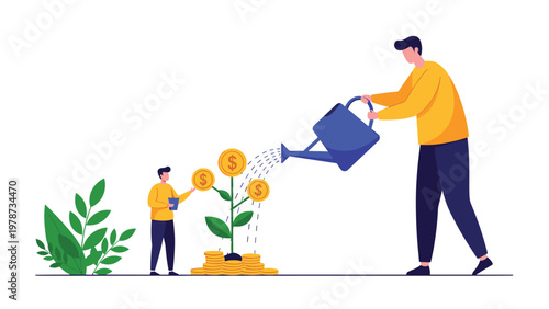 Investment and financial nurturing concept showing a person watering a plant growing dollar coins from a stack of money.