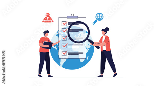Global logistics and task management showing professionals checking items on a large clipboard against a world map backdrop.