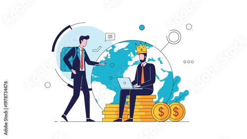 Success and wealth disparity concept showing a crowned businessman on gold coins next to a global map and a traveler.