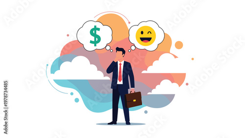 Business ethics and work life balance concept showing a professional weighing options between financial gain and happiness.