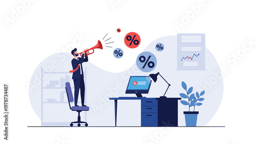 Marketing and sales promotion concept showing a professional blowing a trumpet with percentage signs representing discounts.