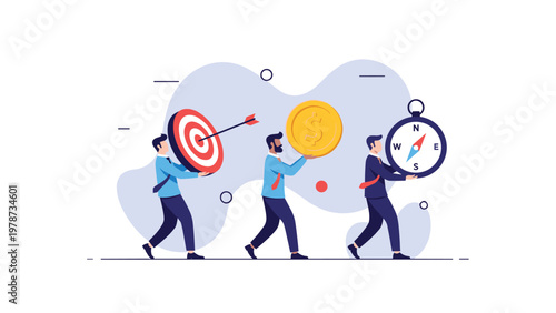 Team of business professionals carrying a target coin and compass to represent strategic planning and financial goals.