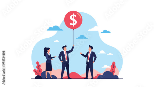 Successful business leader presenting a red balloon with a dollar sign symbol to colleagues as a sign of financial inflation.