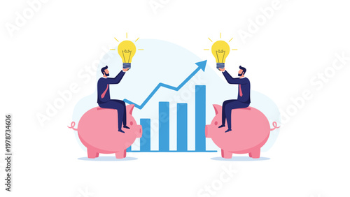 Businessmen sitting on large pink piggy banks while holding glowing lightbulbs to symbolize innovative saving strategies.