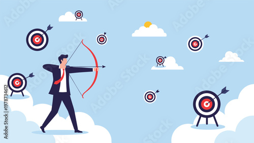 Professional archer aiming a bow and arrow at multiple targets floating in the clouds to represent hitting business goals.
