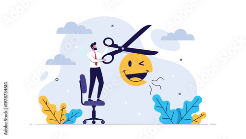 Creative professional standing on an office chair using large scissors to modify a smiling emoji face illustration.