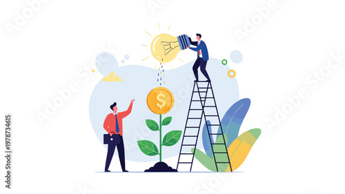 Professional pouring light from a giant bulb onto a dollar coin plant to symbolize the transition from idea to profit.