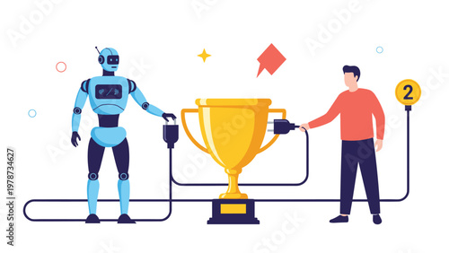 Human professional and a modern robot connecting power plugs to a giant golden trophy to symbolize shared success.