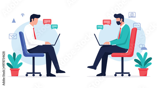 Two professionals working remotely on laptops with speech bubbles representing digital communication and collaboration.