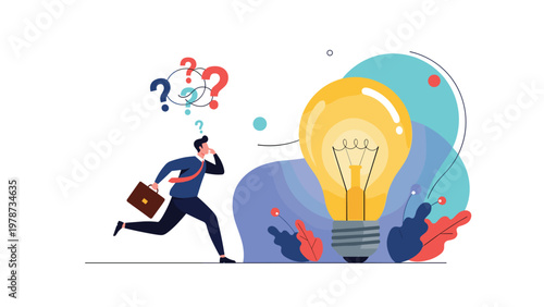 Confused businessman with question marks over his head running toward a giant glowing lightbulb to find a new solution.