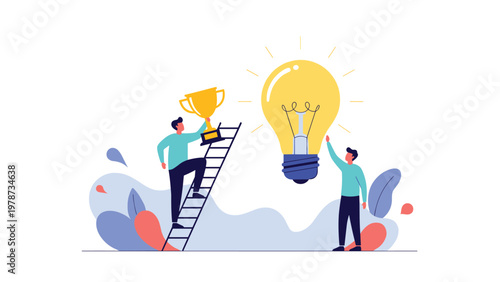 Team of innovators using a ladder to reach a giant glowing lightbulb while holding a golden winner's trophy of success.