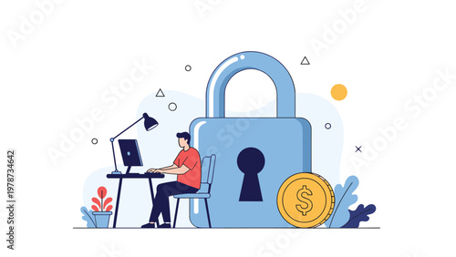 Secure business professional working at a computer desk next to a giant blue padlock and a gold dollar coin symbol.
