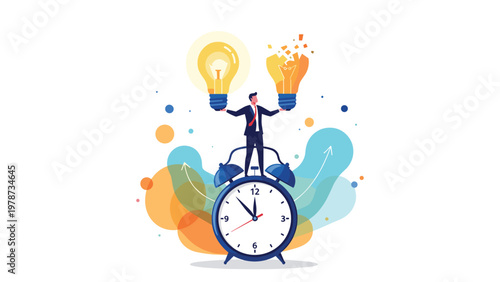 Businessman standing on a giant alarm clock holding two lightbulbs to represent the pressure of time on creative ideas.