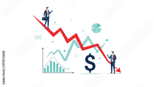 Business professionals reacting to a sharp decline in financial performance represented by a red downward falling arrow.