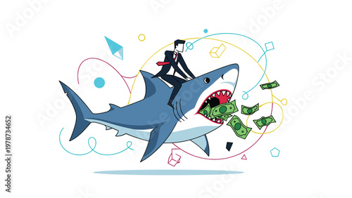 Daring businessman riding a large blue shark that is leaping through the air while eating green dollar bills of money.