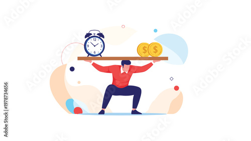 Stressed worker struggling to balance a heavy wooden board holding a large alarm clock and stacks of gold coins.
