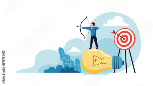 Focused archer standing on top of a giant glowing lightbulb to aim an arrow at a red and white bullseye target.