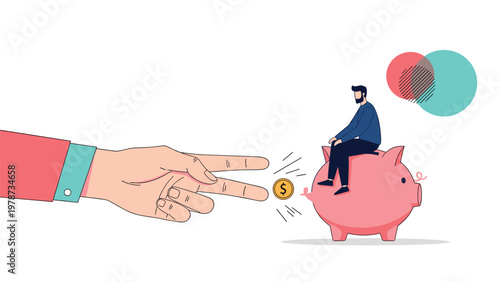 Generous investor flicking a small gold coin toward a professional businessman sitting on top of a large pink piggy bank.