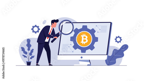 Financial analyst using a magnifying glass to inspect a digital gear with a bitcoin symbol on a computer screen.