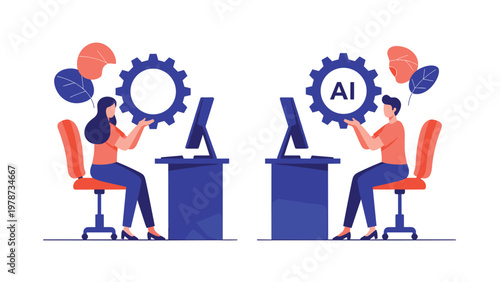 Side by side comparison of a traditional worker and a modern professional using artificial intelligence technology.