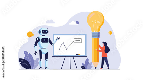 Modern robot and a creative professional woman working together to draw a growth chart using a giant pencil lightbulb.