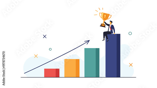 Successful businessman sitting on the highest bar of a growth chart while triumphantly holding a gold trophy cup.