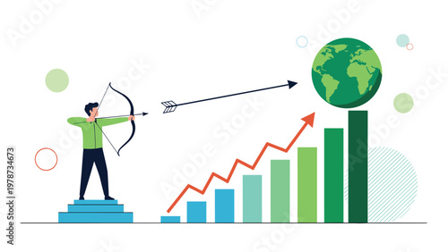 Ambitious professional aiming an arrow at a globe perched on top of a rising growth chart to show global success.