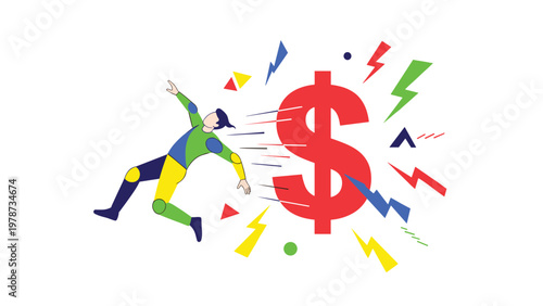 Person being knocked over by a giant red dollar sign surrounded by colorful lightning bolts to show financial impact.