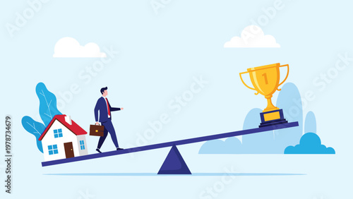Ambitious man walking up a see-saw from his home toward a large golden trophy representing career achievement.