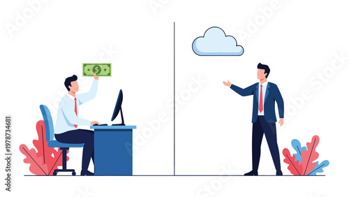 Remote digital worker at a computer desk holding cash while another professional manages data in the virtual cloud.