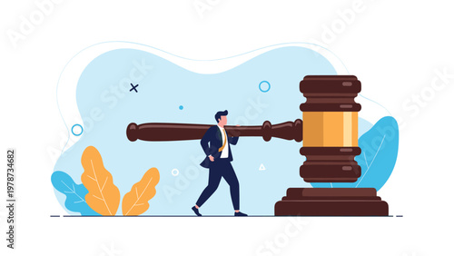 Determined lawyer carrying a massive wooden judge's gavel on his shoulder to represent the weight of legal justice.