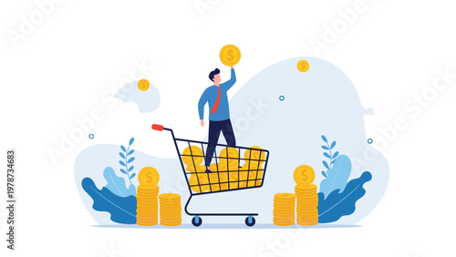 Wealthy businessman standing in a shopping cart overflowing with gold coins to represent high consumer spending.
