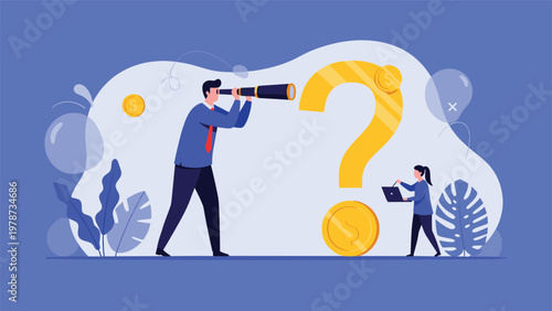 Two professionals investigating a giant golden question mark and coin to find answers to financial uncertainties.