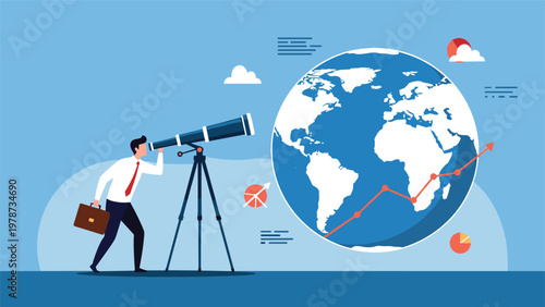 Visionary professional businessman using a telescope to look at a global growth chart wrapped around a world globe.
