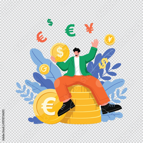 Man sitting on coins with currency symbols around business