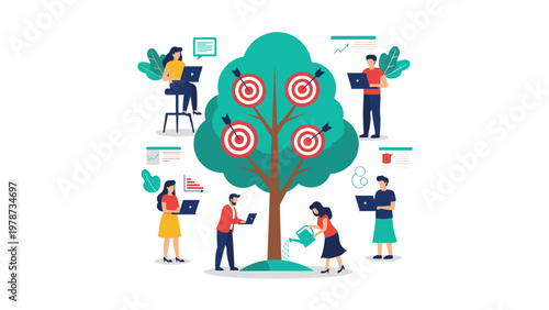 Team of professionals working together around a target tree to cultivate and achieve various business objectives.